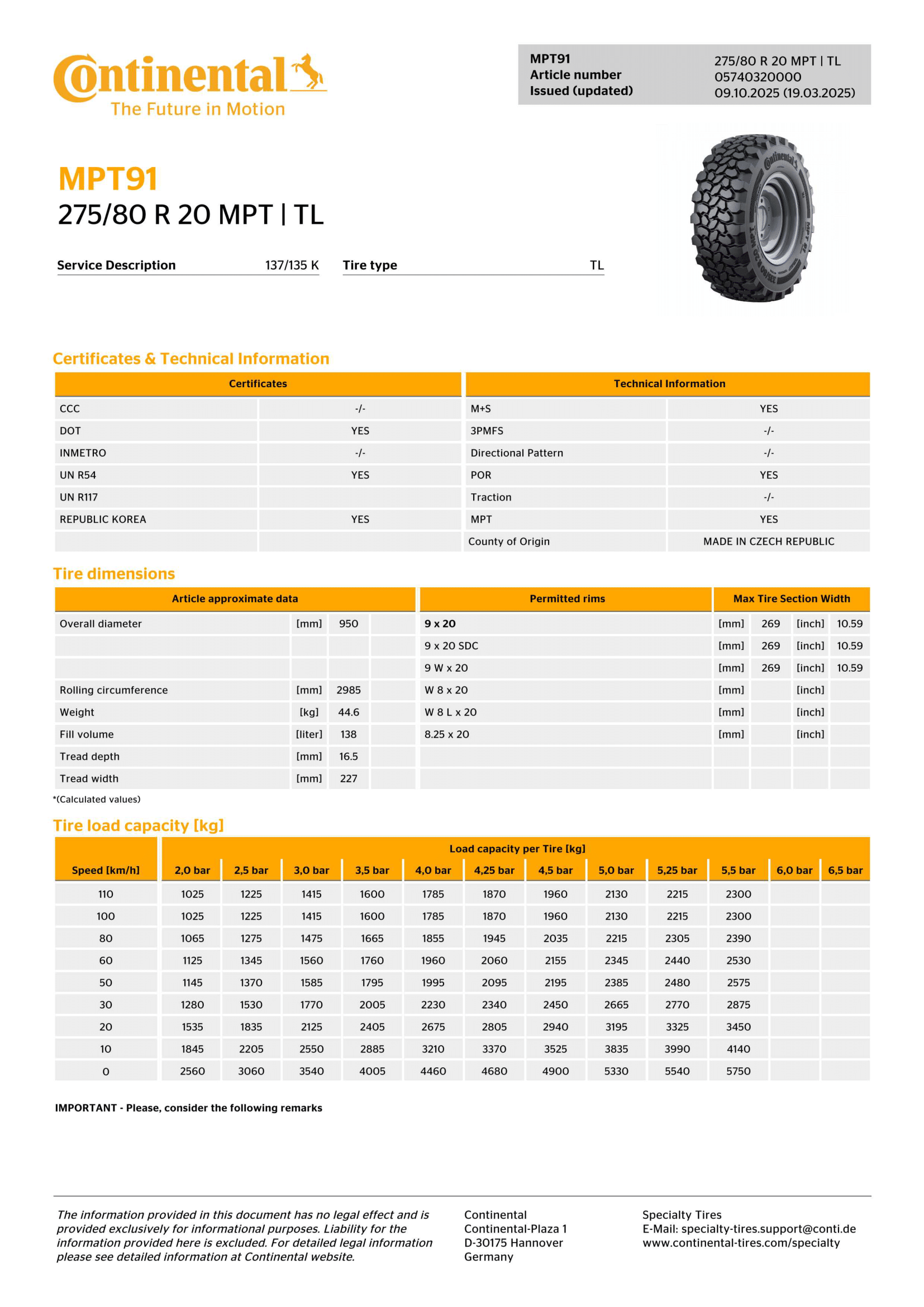 275/80R20 (10.5R20) Continental MPT91