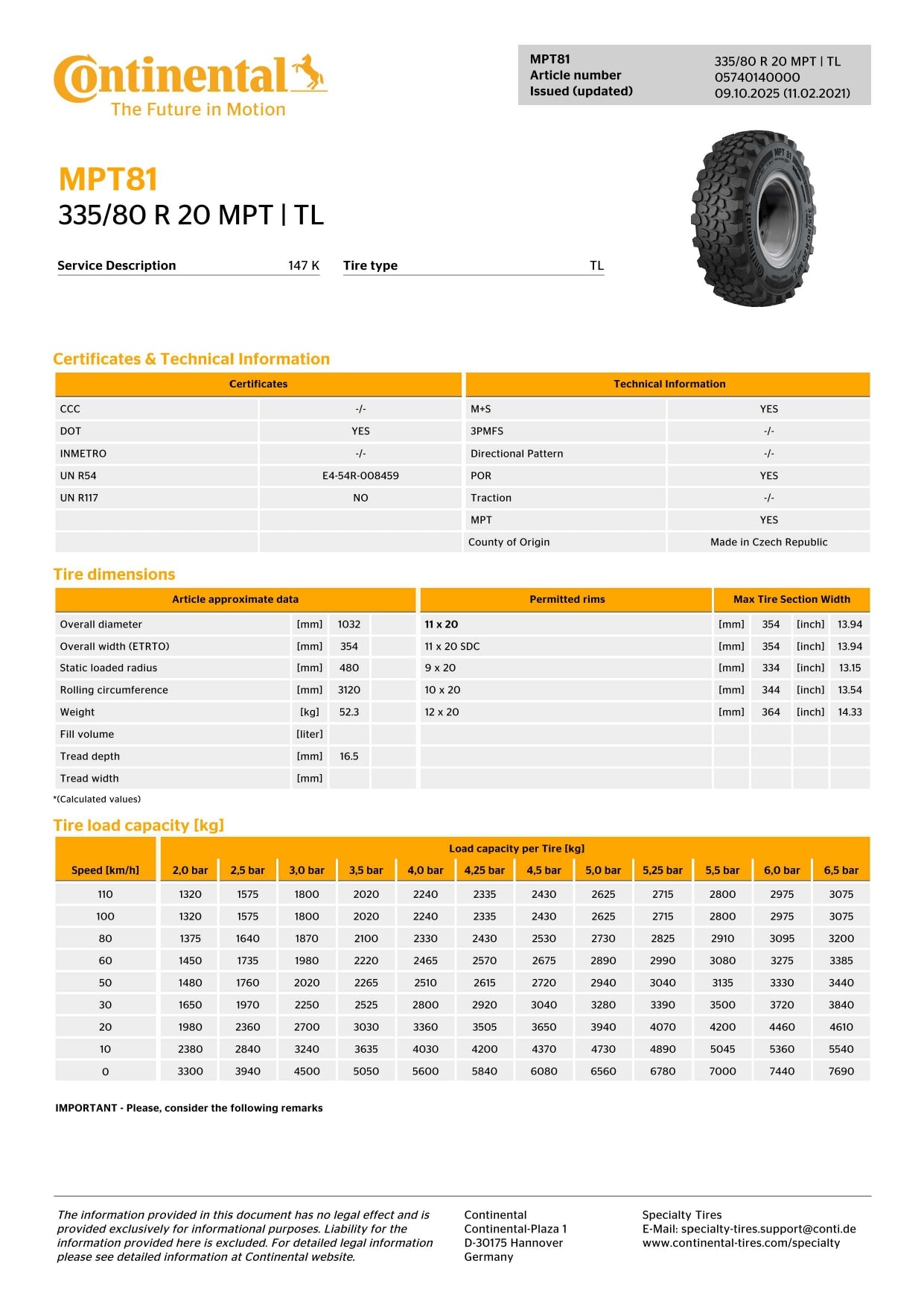 335/80R20 (12.5R20) Continental MPT81