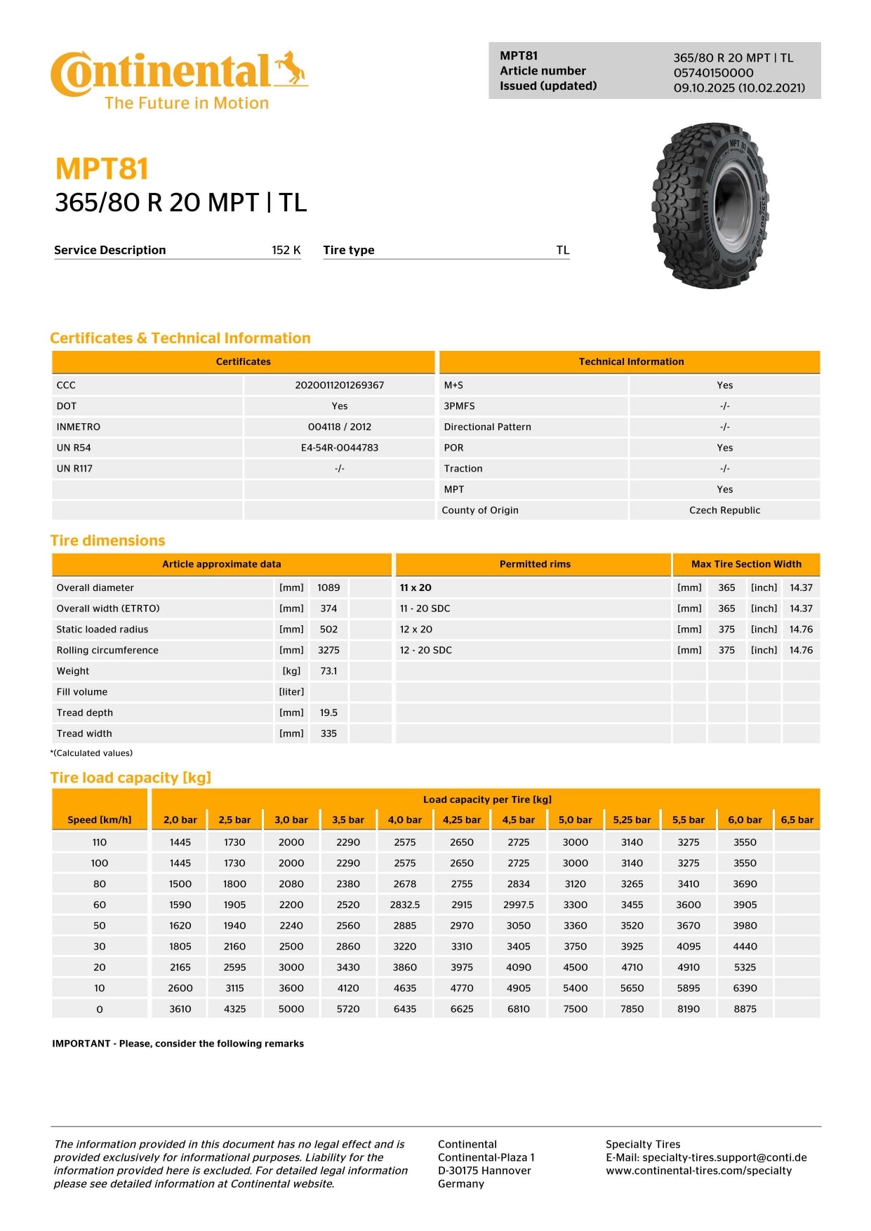 365/80R20 (14.5R20) Continental MPT81